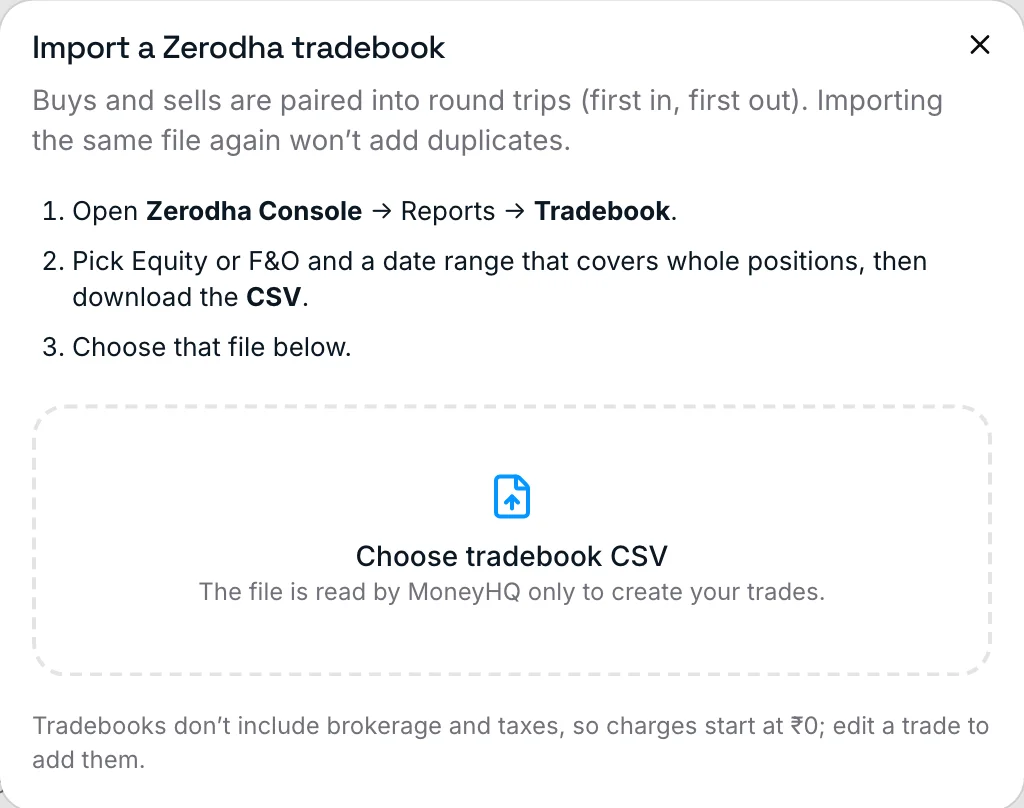 Importing a Zerodha tradebook: download the CSV from Console, then choose it in the Journal
