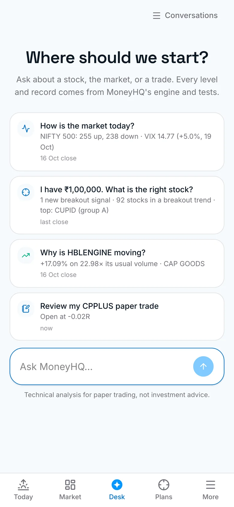 The MoneyHQ desk on a phone, with suggestions written from the market now